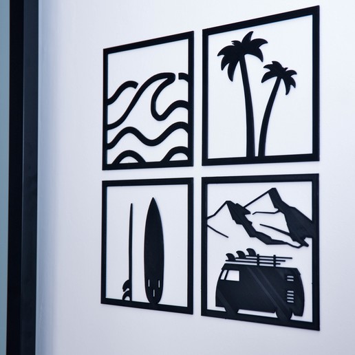 set relief decoration pictures frames art surf table van palm sea house industrial black 3D print model - Mito3D
