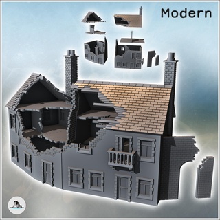 set two damaged buildings visible interiors double chimneys balcony exterior parapet 39 - modern ww2 ww1 world war diaroma wargaming rpg mini hobby Game building architecture tabletop miniatures scenery wargame game terrain accessories normandy west contempory flames yankee walking crisis bolt 3d print model - Mito3D