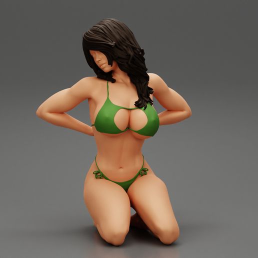sexy menina bikini sentado posando arenoso praia 3d impressão modelo 3D print model - Mito3D