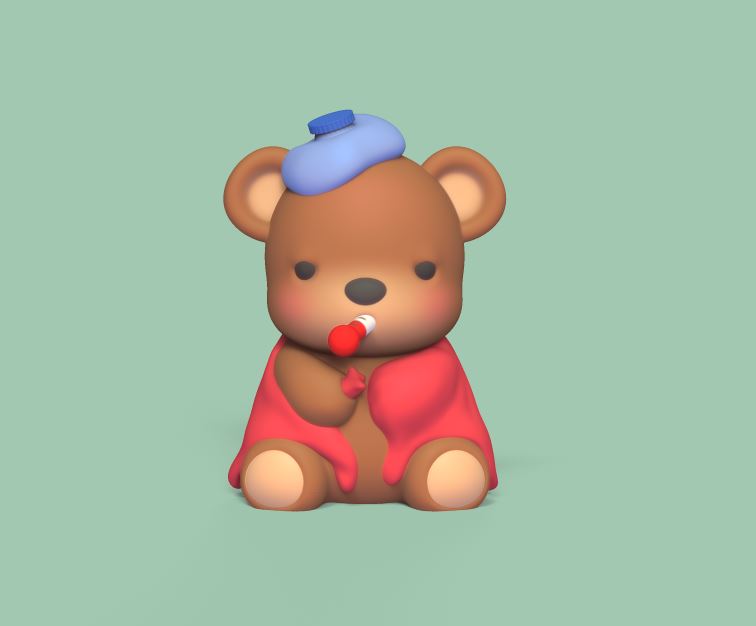 sick bear sad fever thermometer hot water bag teddy cute sculpture animal art toy wild miniatures decorative play 3D print model - Mito3D