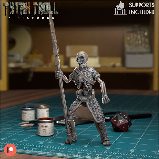 skeleton 003 - pre-supported game dnd miniature minis dungeons dragons 32mm tytantroll miniatures patreon spear glaive helmet Skeleton 3D print model - Mito3D