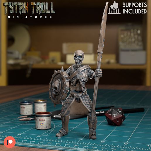 skeleton 004 - pre-supported game dnd miniature minis dungeons dragons 32mm tytantroll miniatures patreon halloween glaive spear shield 3D print model - Mito3D
