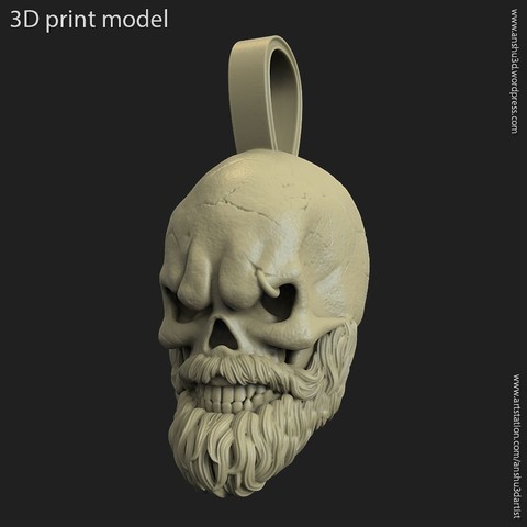 cranio barbuto vol3 pendant jewelry head human bone skeleton mafia goon bald mustache hairs silver organic ornament rider biker 3D print model - Mito3D