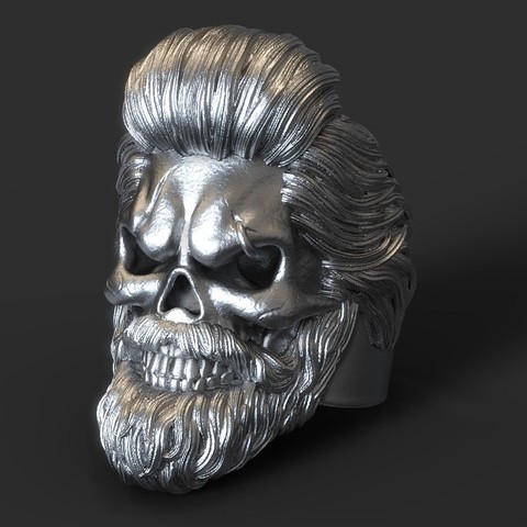 skull beared vol1 ring jewelry biker stylized mustache beard ornament silver fashion skeleton 3D print model - Mito3D