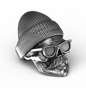 crâne motard casquette bague argent branché moustache barbe anneaux conception d'anneau lunettes Royal Enfield squelette tête OS Humain 3d print model - Mito3D