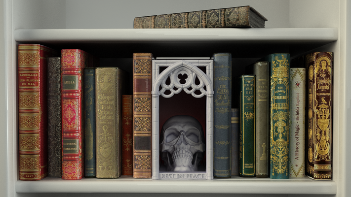 cranio fermalibri casa libro gotico casa parigi tomba supporto de charnell biblioteca goth dama ossario notre lance incrociate booknook biblioteche lolita 3d print model - Mito3D