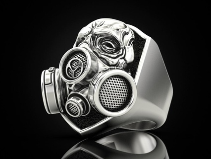 skull ring respirator gas mask man virus protection human jewelry jewellery design printing gold prototyping silver biker blackening texture rings 3d print model - Mito3D