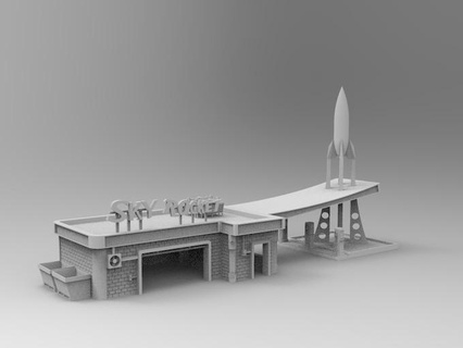 sky rocket gas station - wow buildings fantasy old worlds wargaming stl 3d printing diarama scifi apocalypse 1950s miniatures architecture 3d print model - Mito3D