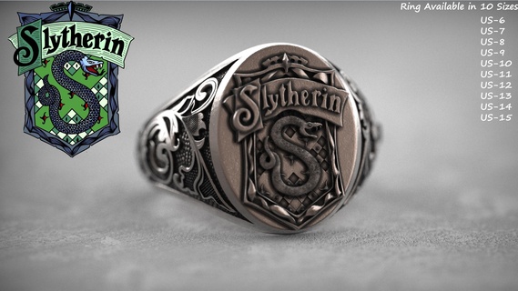 slytherin crest harry potter gents ring knight shield hermione rony weasley snape voldemort hogwarts magic sorcery wizard gryffindor ravenclaw hufflepuff dumbledore oxidised 3d print model - Mito3D