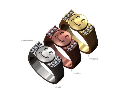 smile emoji face diamond sides ring us sizes 7 8 9 3d print model bling jewelry printable emoticon signet gold silver jewellery luxury fashion round iced 3d print model - Mito3D