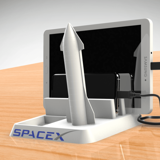 space-x android apple - cell phone tablet holder space x starship elon iphone charger dock station tesla toy car aircraft plane simulator 3d cr-10 ender prusa 2021 model gadget toys 3D print model - Mito3D