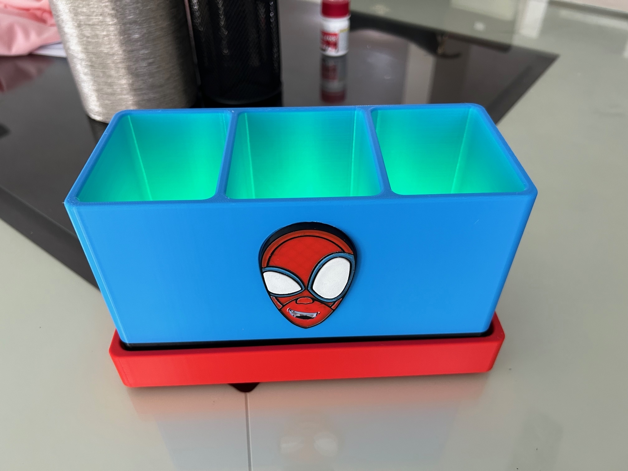 spidey organizer spider man toy pencil holder storage box art custom desk room decor kids 3d printed stl file crayon miles morales comics 3D print model - Mito3D