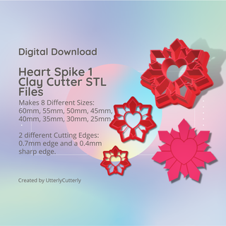 spiked heart 1 clay cutter - sword love stl digital file download- 8 sizes 2 versions earring polymer geometric embossed hexagon utterlycutterly utterly cutterly cookie fondant organic shape indie fashion 3d print model - Mito3D