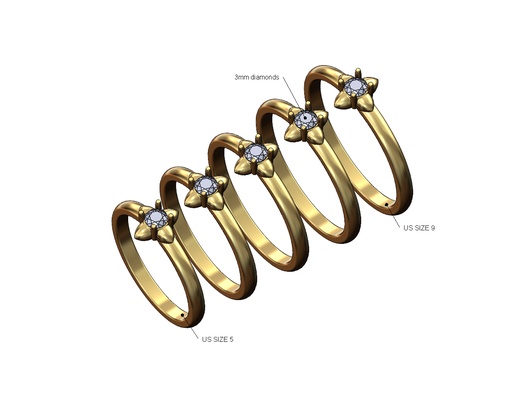 claveteado delgado 3mm diamante solitario anillo us tamaños 5to9 3d impresión modelo semental pirámide espiga joyería joya oro plata imprimible moda minimalista apilador apilable 3d print model - Mito3D