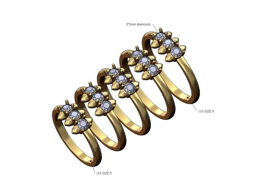 cravado triplo pedra diamante anel 3d impressão modelo viga pirâmide espinho joalheria ouro prata imprimível jóias gema moda minimalista empilhador empilhável fino 3d print model - Mito3D