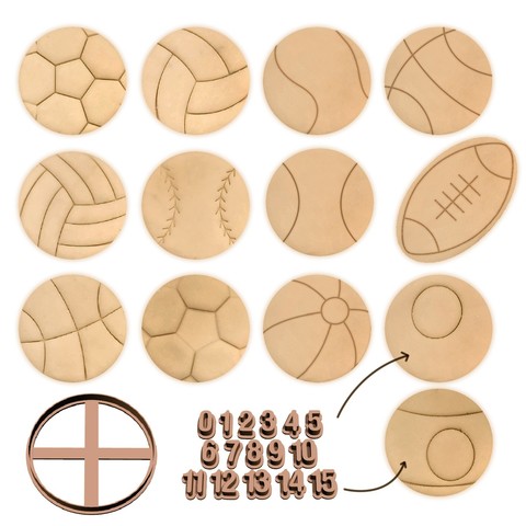 13 esporte bolas pacote de biscoito cortadores números grandes futebol, ténis, basquete mais a casa esportes almoço fondant habitação o gengibre gingerbread do agregado familiar bola praia beisebol americana football rugby pool billiards volleyball soccer plate cutting kitchen biscuit 3dprint cookiecutter cooky dining A impressão 3d bolos printable utensílios cozinha biscoitos 3D print model - Mito3D