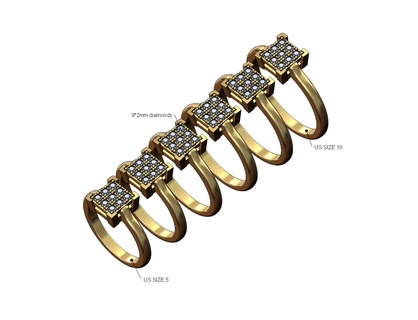 quadrado moldura diamante anel us tamanhos 5to10 3d impressão modelo joalheria gelado moda luxo bling robusto sinete ouro prata imprimível jóias declaração 3d print model - Mito3D