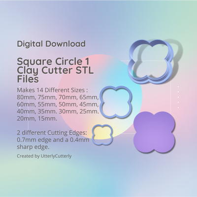square circle 1 clay cutter - flower stl digital file download- 14 sizes 2 versions earring polymer geometric embossed hexagon utterlycutterly utterly cutterly cookie fondant organic shape indie arch 3d print model - Mito3D