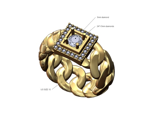 cuadrado racimo diamante cubano enlace banda us talla 10 3d impresión modelo anillo joyería joya imprimible oro plata moda lujo fornido costoso cadena cuba 3d print model - Mito3D
