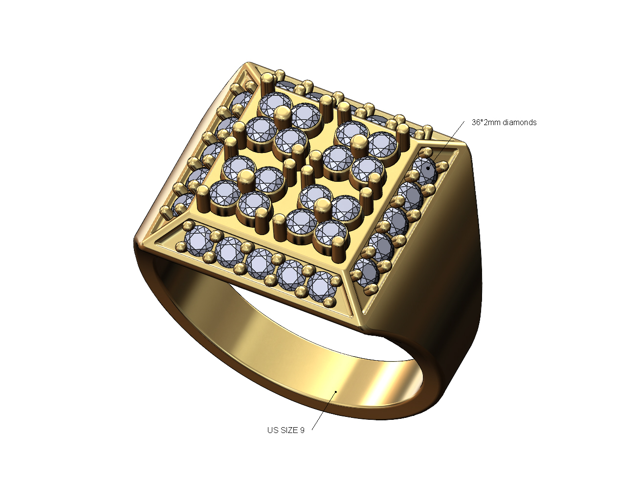 square clusters diamond chamfred sides signet us size 9 3d print model ring jewelry printable gold silver fashion jewellery luxury bling iced chunky statement cluster 3D print model - Mito3D