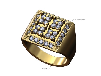 Quadrat Cluster Diamant chamfred Seiten Signet us Größe 9 3d drucken Modell Ring Schmuck druckbar Gold Silber Mode Luxus bling vereist klobig Aussage 3d print model - Mito3D