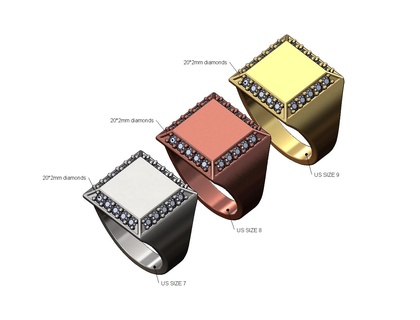 quadrado diamante Chamfred lados sinete us tamanhos 7 8 9 3d impressão modelo anel joalheria imprimível ouro prata moda jóias luxo clássico gravável gravação 3d print model - Mito3D