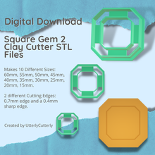 Quadrat Juwel 2 Lehm Cutter Kristall stl Digital Datei download 10 Größen Versionen Ohrring Polymer 3d print model - Mito3D