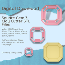 square gem 3 clay cutter - crystal stl digital file download- 10 sizes 2 versions earring polymer geometric embossed hexagon utterlycutterly utterly cutterly cookie fondant organic shape indie fashion 3d print model - Mito3D