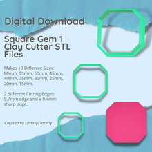 square gem clay cutter - crystal stl digital file download- 10 sizes 2 versions earring polymer geometric embossed hexagon utterlycutterly utterly cutterly cookie fondant organic shape indie fashion 3d print model - Mito3D