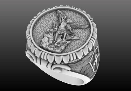 st Michael guardião anel 3d modelo joalheria ouro arte personagem religião san miguel argolas jóias prata 3d print model - Mito3D