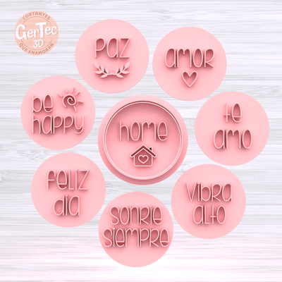 stamp set x8 positive phrases cutter cookie love home be happy i smiles seal mass cookies cold porcelain ceramics 3d print model - Mito3D
