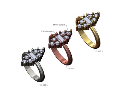 statement 6x3mm baguette diamond ring us sizes 6 7 8 3d print model jewelry printable jewellery gold silver cluster fashion vintage engagement wedding luxury 3d print model - Mito3D