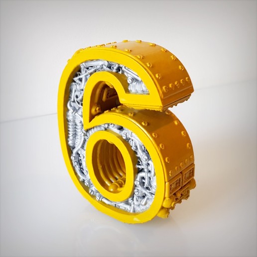 steampunk number 6 art alphabet 3D print model - Mito3D