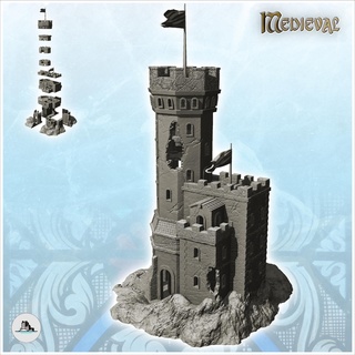 stone castle damaged double flags 16 - medieval gothic feudal archaic saga 28mm 15mm Architecture building architecture tabletop miniatures scenery wargame game terrain house accessories middle age dark rose war traditionnal fantasy european village 3d print model - Mito3D