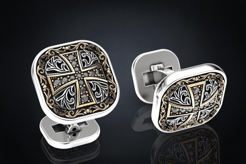 stylish cufflinks cross stones 324 3dprinted design fashion gold golden jewel jewellery jewelry print printabl printable printing prototyping silver 3d print model - Mito3D