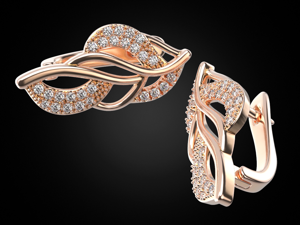 élégant brindille boucles d'oreilles diamants 477 3dprinted conception mode or d'or bijou bijoux impression imprimable prototypage argent 3D print model - Mito3D
