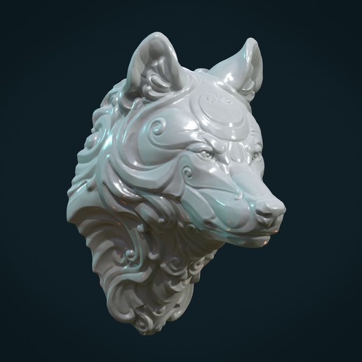 stylized wolf head art decor scrolls ornate baroque sculpture statue beast canine fir mammal carnivora mascaron 3D print model - Mito3D