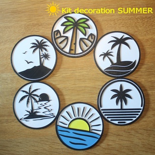 summer coaster kit 8 17 decoration table glass water beer bbq barbecue beach palm tree surf shark dolphin ocean sun watermelon 3d print model - Mito3D