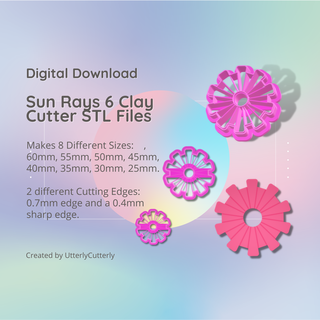 sun rays 6 clay cutter - celestial stl digital file download- 8 sizes 2 versions earring polymer geometric embossed hexagon utterlycutterly utterly cutterly cookie fondant organic shape indie fashion 3d print model - Mito3D