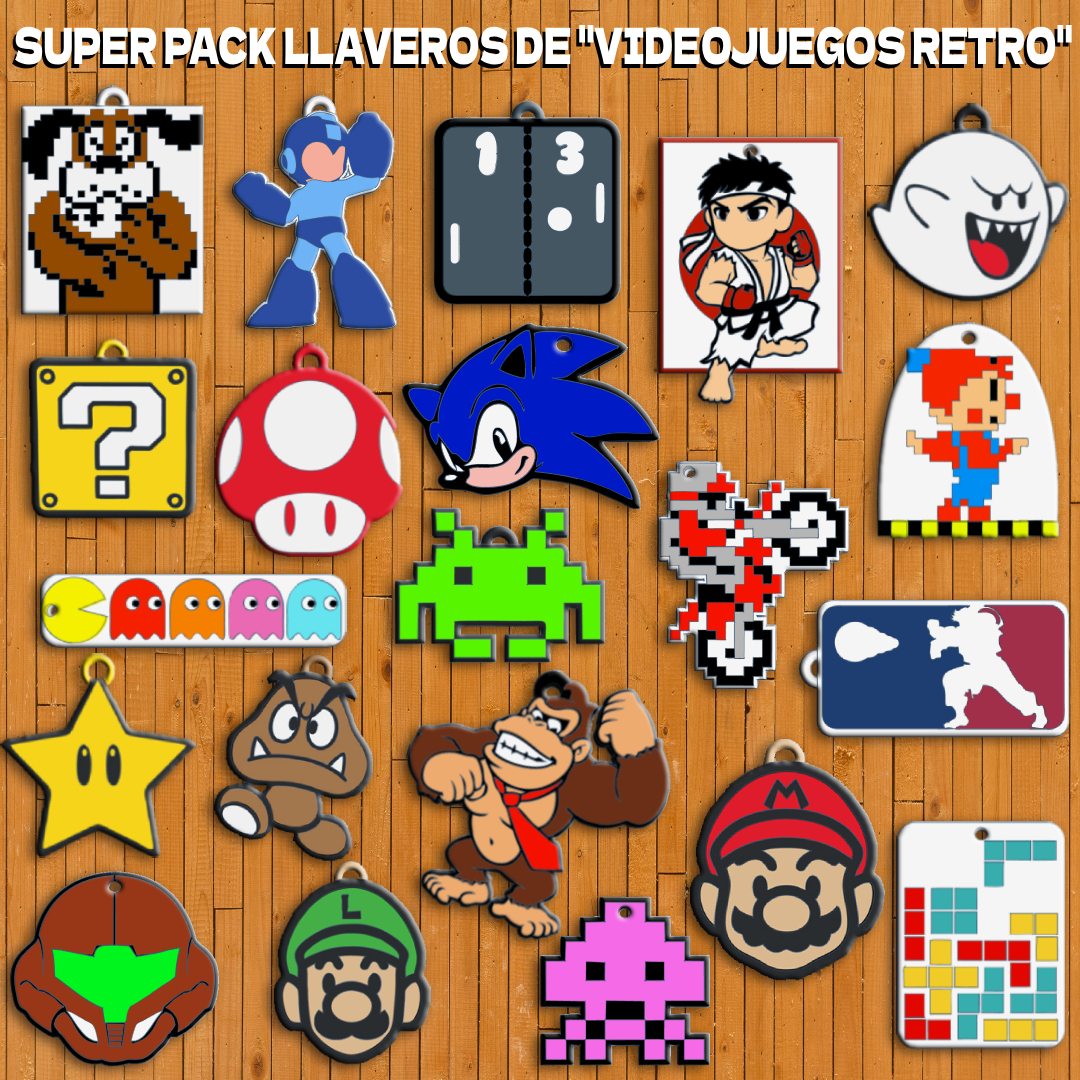 super pack 21 retro video games key chain rings keychain console game family sega nintendo play station mario bros sonic street fighter pac man metroid tetris space invaders donkey kong excitebike 3D print model - Mito3D