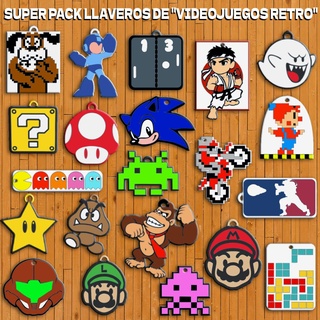 super pack 21 retro video games key chain rings keychain console game family sega nintendo play station mario bros sonic street fighter pac man metroid tetris space invaders donkey kong excitebike 3d print model - Mito3D