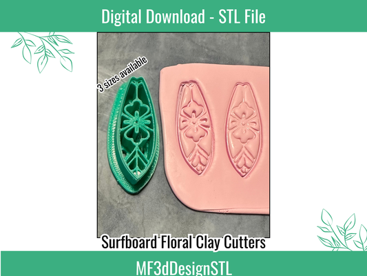 surfboard floral clay cutter digital stl file polymer diy jewelry cookie making tool 3 sizes summer beach earring cutters earrings 3d print model - Mito3D