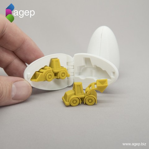 oeuf surprise 3 minuscules chargeur de roue jouets gadget wheelloader l'indice référence percevable pâques easteregg œuf cadeau kinderegg kindersurprise printinplace imprimer la place stockingstuffer bas tuffer test résistance surpriseegg 3D print model - Mito3D