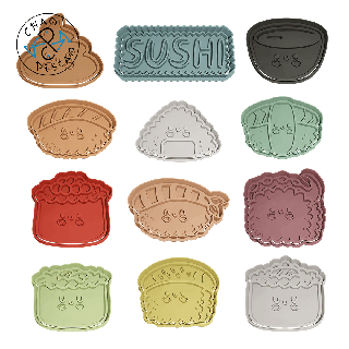 Sushi kawaii collection ensemble 12 dossiers biscuit coupeur fondant polymère argile Pâtisserie cuisson anniversaire timbre Onigiri Nigiri Japon 3d print model - Mito3D