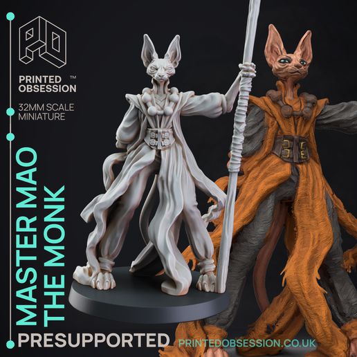 tabaxi monk - caravan presupported 32mm scale illustrated & stats 3D print model - Mito3D
