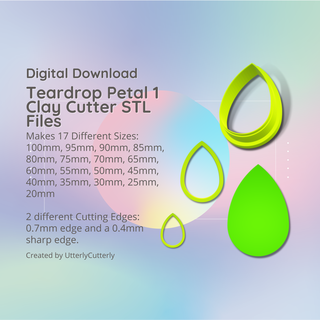 teardrop petal 1 clay cutter - basic shape geometric stl digital file download- 17 sizes 2 versions cookie earring polymer embossed hexagon utterlycutterly utterly cutterly fondant organic indie fashion 3d print model - Mito3D