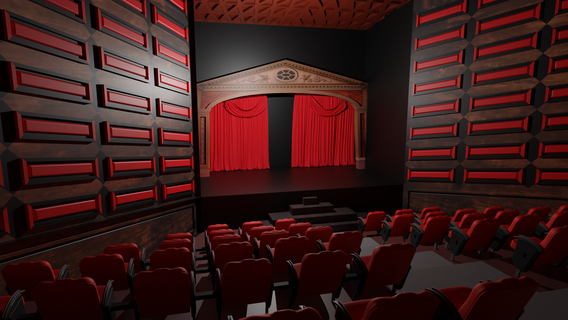 tiyatro iç mimari tiyatro klasik salon spot ışığı film film sahne tiyatro konser konferans salonu lobi stüdyo movie theater koridor Odun süs sinema halı perde 3d print model - Mito3D