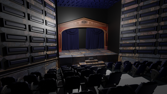 Teatro interni architettura classico sala riflettore film palcoscenico concerto auditorium atrio studio movie theater corridoio legna ornamento cinema tappeto tenda 3d print model - Mito3D