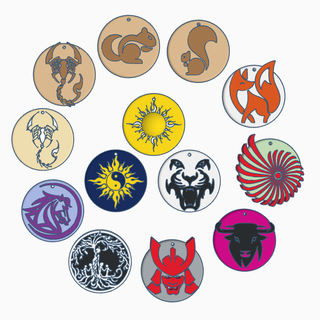 thirteen medallions jewel pendant yin-yang scorpion squirrel fox nautilus bull samurai tree life horse sun star tiger feline 3d print model - Mito3D