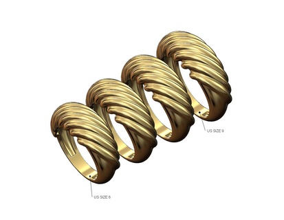 tilted croissant dome ring us sizes 6to9 3d print model ribbed undulated grooved round band gold silver printable statement fashion jewellery stacker stackable jewelry 3d print model - Mito3D